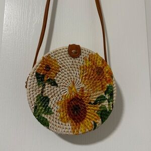 HANDMADE from BALI Round Straw Bag with Sunflower Design